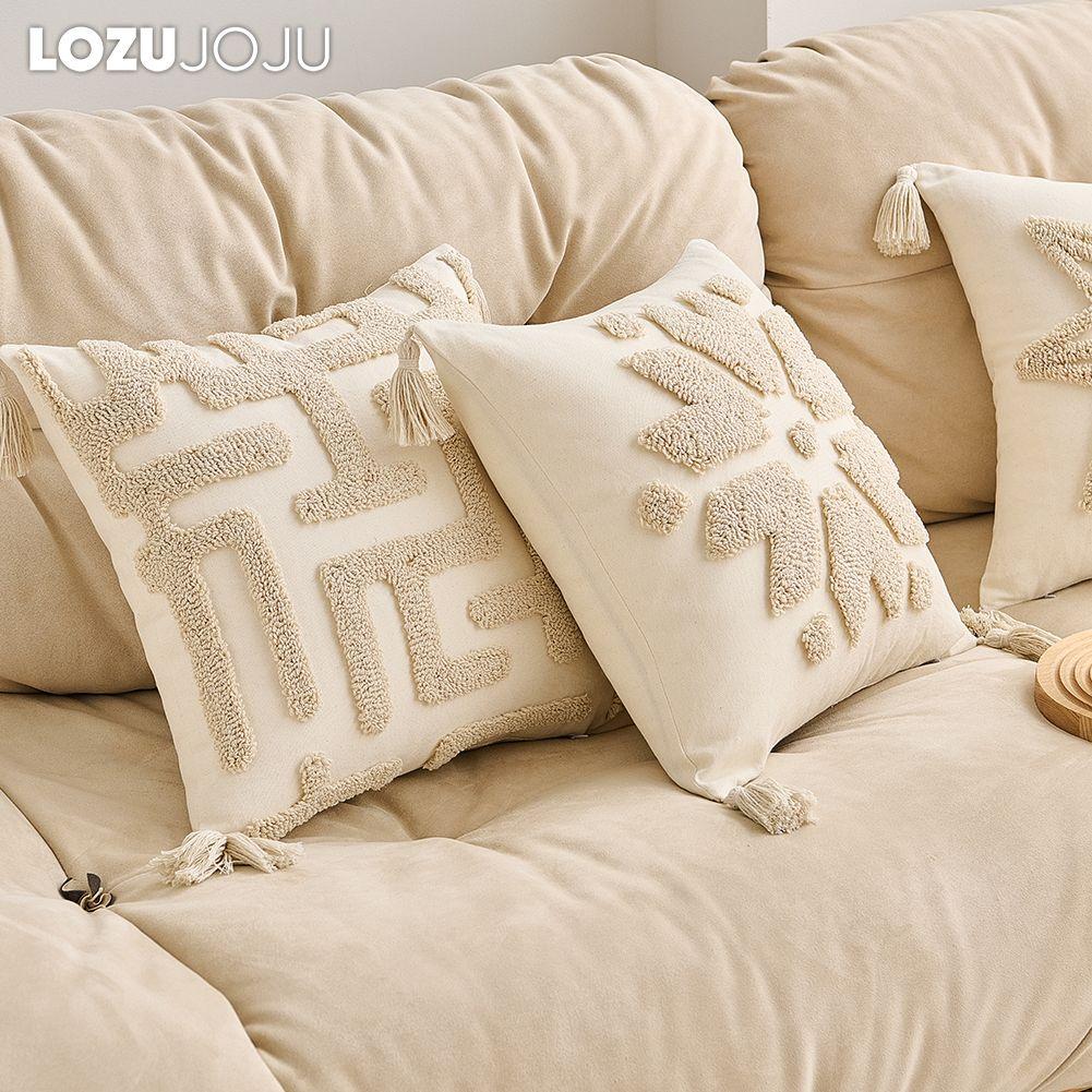 1PC LOZUJOJU Beige Soft Cushion Cover Bohemian Tassel Style Tufted Embroidered Pillowcase for Sofa Living Room Bedroom Home Decor