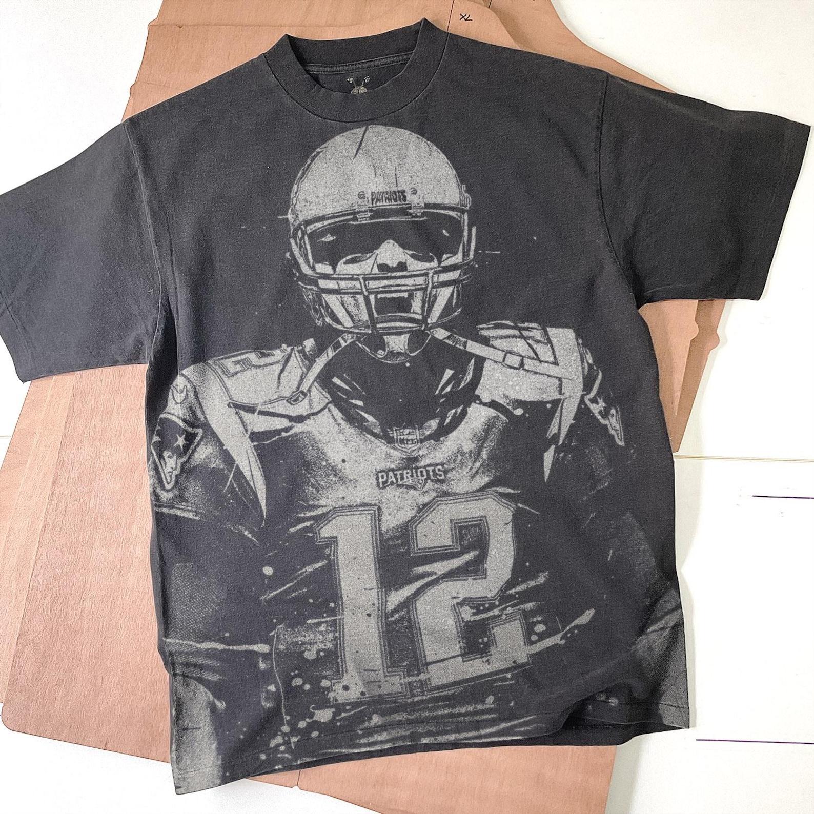 Tom Brady Handmade Bleached T-Shirt: Faded Black Cotton Unisex Tee 4XL