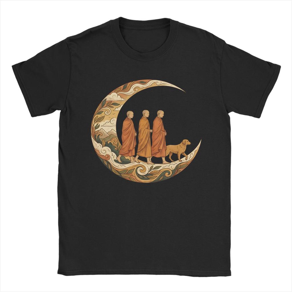 Walking for Peace Mönche und Hund im Halbmond Herren T-Shirts Crazy T-Shirt Kurzarm T-Shirt Baumwolle Übergröße Kleidung