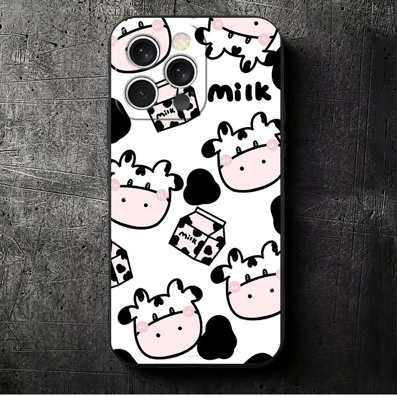 White Black Dairy Cattle Symbol Soft Phone Case for iPhone 16 16E 17 Air 15 Pro Max 14 Plus 13 Mini 11 12 7 Black Cover Back She