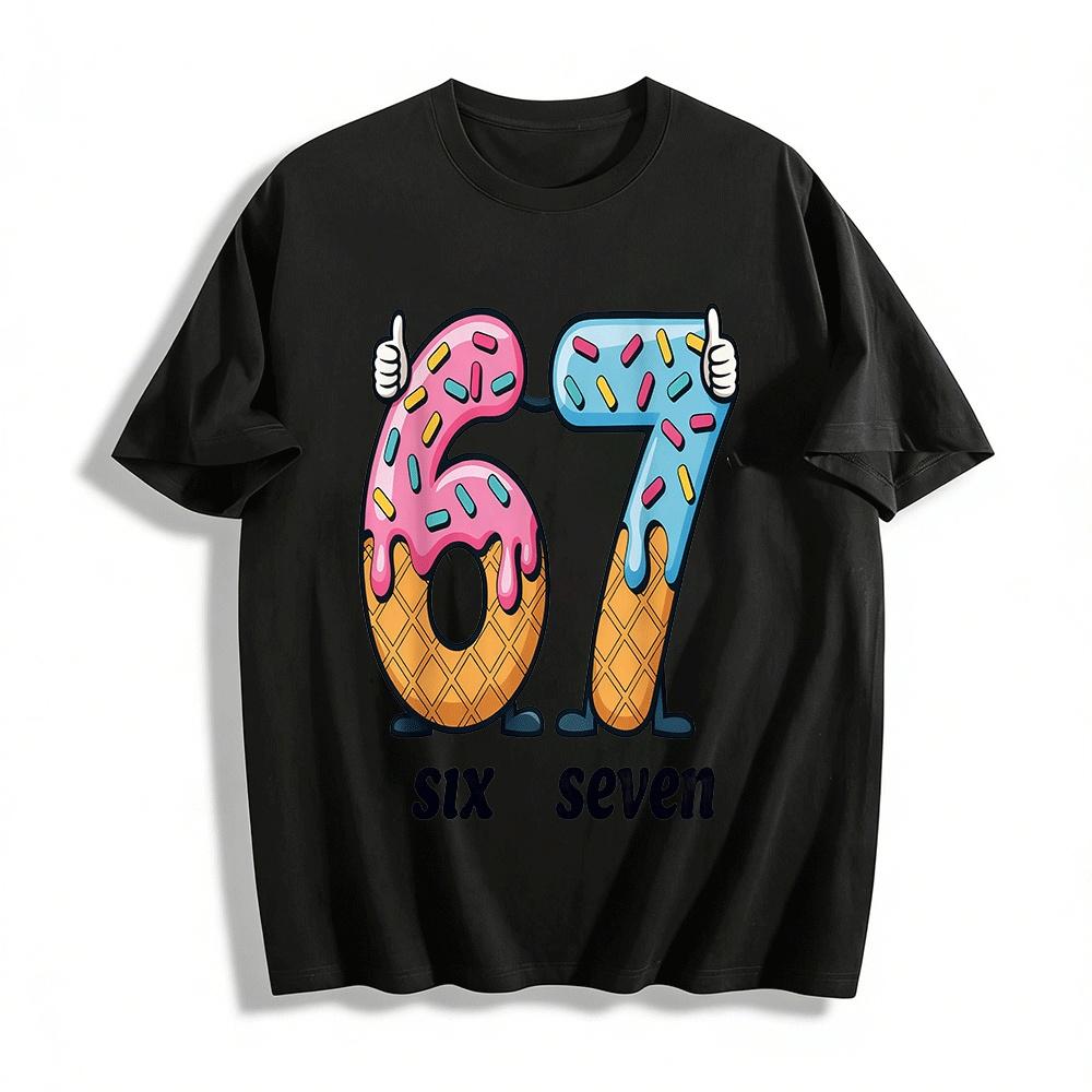 Cute Donut Style Number 67 Print Casual Short Sleeve Tee Pure cotton T-shirt XXS