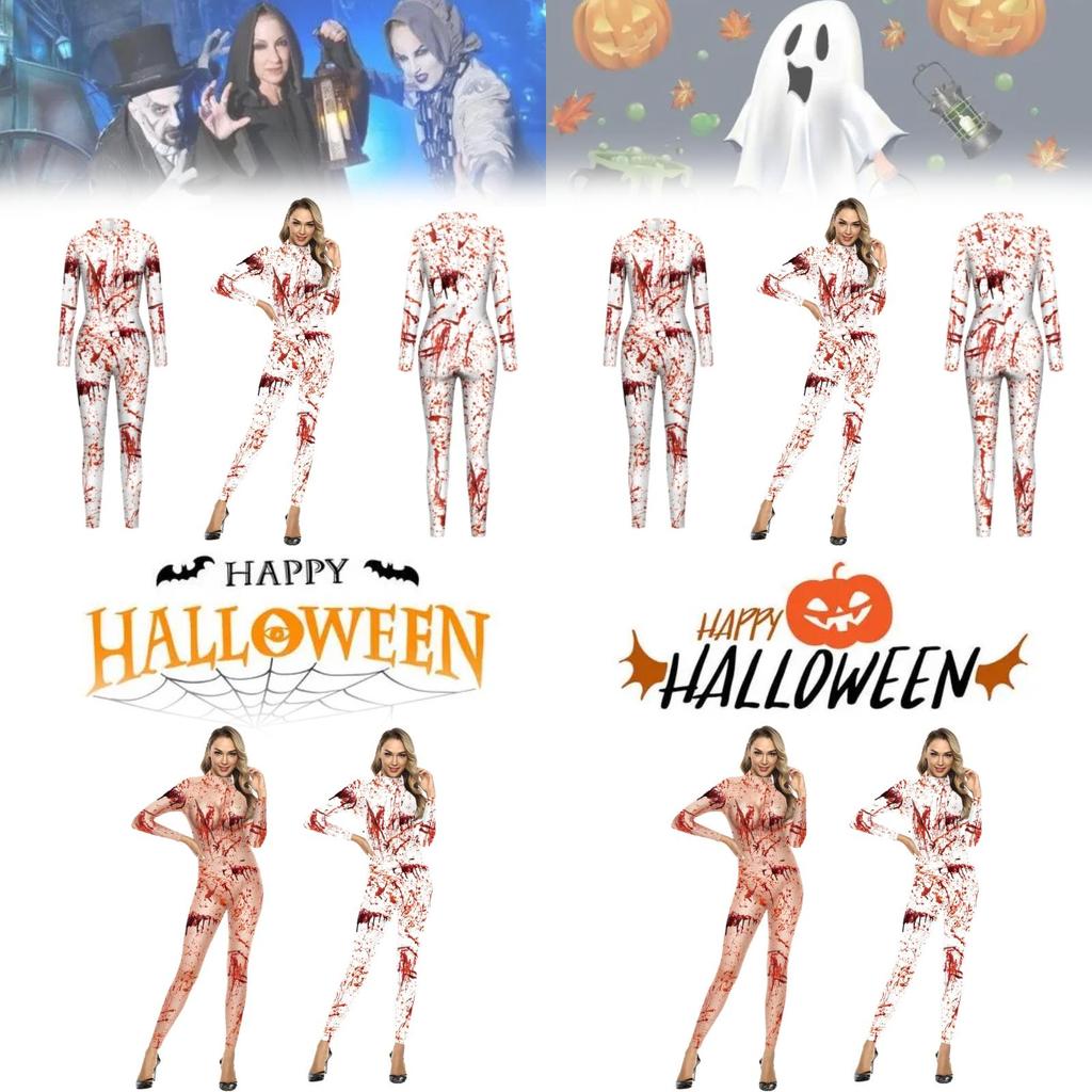 Trendy 2024 European And American Style Women's Halloween Jumpsuit With Bloodstain Digital Print Design