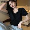 WTEMPO Vintage V-neck Solid Cropped Tops Girl's Sweet Folds T-Shirts Summer Short Puff Sleeve Black White Tee Women Streetwear