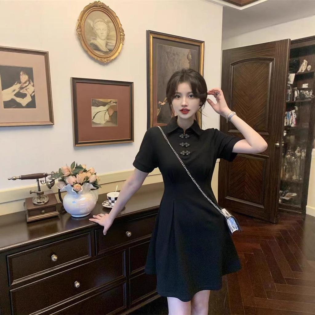 Coffee break black large size Hepburn style new Chinese style improved cheongsam dress children's short skirt summer design sense niche