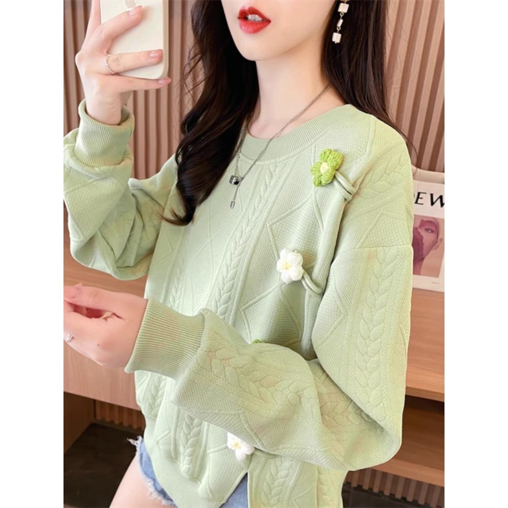 Early Autumn Round Neck Sweatshirt Women Spring and Autumn Korean Style Loose Thin Flower Splicing Retro Sweatshirt Pullover