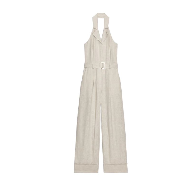 

Summer New Product Women s Clothes Minimalist Style with Belt Linen Blend Hanging Collar Long Jumpsuit 8254734 Sand color L