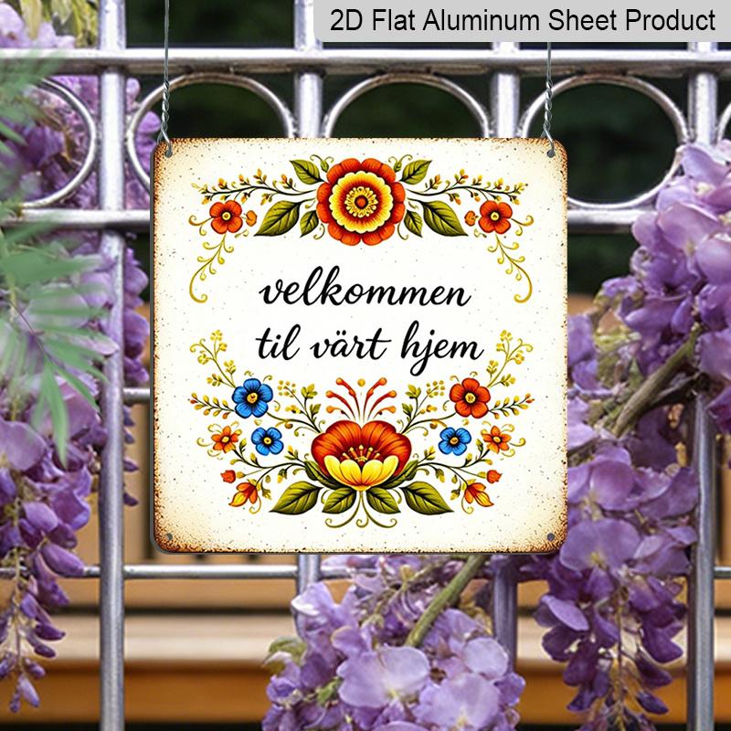 2D Flat, 1pc Scandinavian Folk Art Aluminum Welcome Sign - Retro Nordic Wall-Mounted Floral & Suitable for Entrance, Porch, Garden - Seasonal Holiday