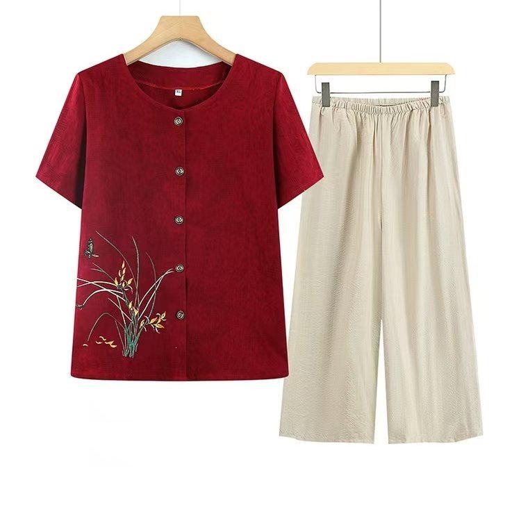 

2026 New Summer Outfit for Mature Women: Short-Sleeved Shirt & Plus Size Cardigan Two-Piece Set 4XL
