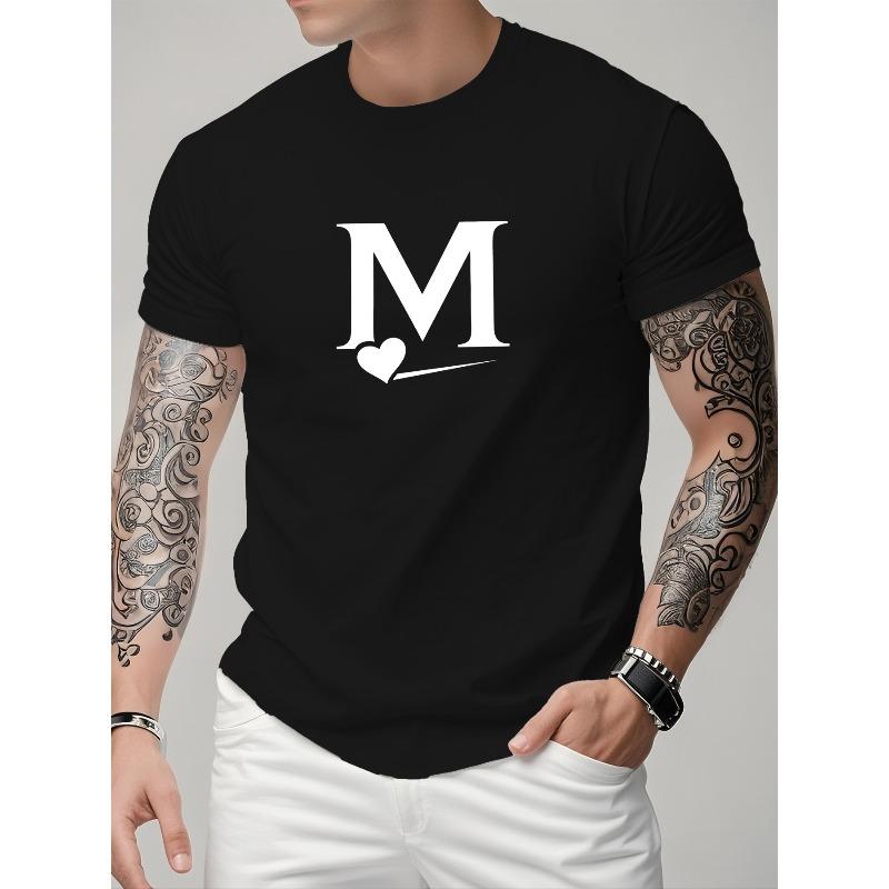 Men's Casual Sporty Fashion Short Sleeve T-Shirt with Creative M Letter and Heart-Shaped Pattern Print, Stretchy and Comfortable, Suitable for Sports