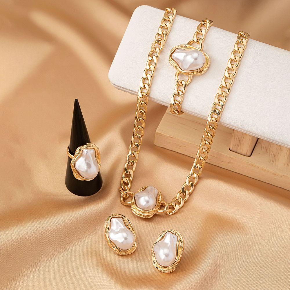 5Pcs Irregular Vintage Jewelry Suit Pearl Necklace Bracelet Ring Suit Clavicle Chain Set  Girls