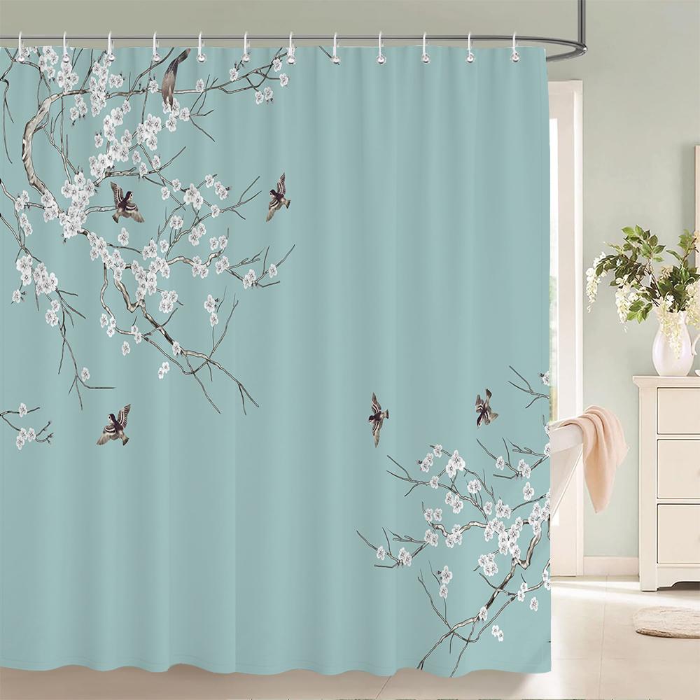 Flowers Birds Bath Curtain Waterproof Fabric Shower Curtains Floral Leaves Landscape Printing Bathroom Screen Home Decoration