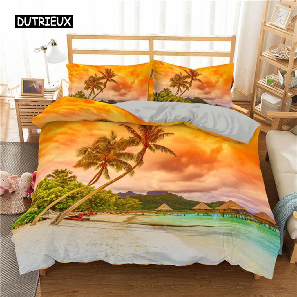Ocean Duvet Cover Set, Tropical Island with The Palm Trees and Sea Beach Nature Theme Print Twin Bedding Set for Teens