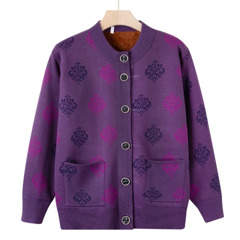 Grandma Autumn and Winter Plush Sweater Cardigan Middle-aged and Elderly Women's New Mother's Knitted Sweater Jacket Thickened Top