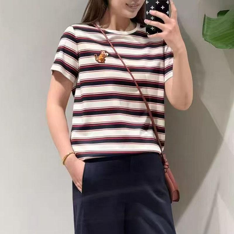 Nanyou Premium Cotton Color Block Stripe Embroidered Short Sleeve Round Neck Knit T-shirt for Women