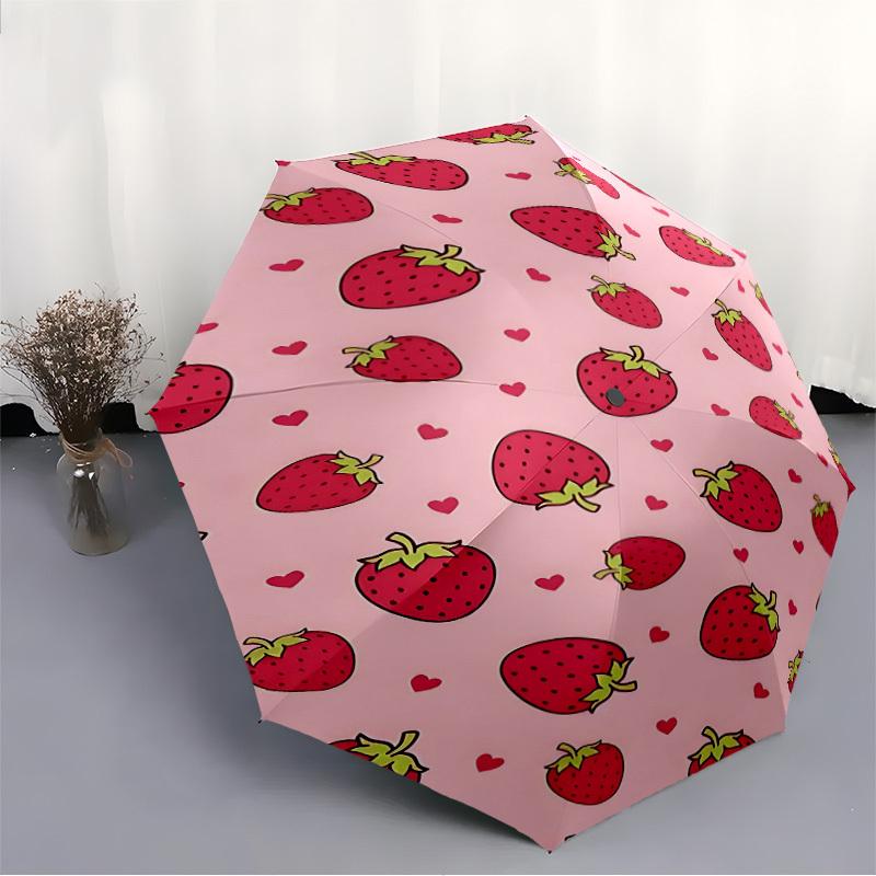 1pc Strawberry Pattern Automatic Open/Close Umbrella, Portable Folding Umbrella for Travel, Themed Events089
