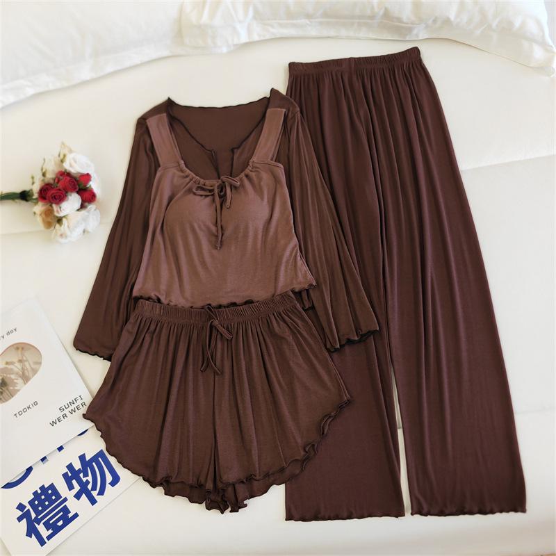 Women's Four-Piece Camisole Pajama Set with Built-in Bra, All-Season Modal Sleepwear