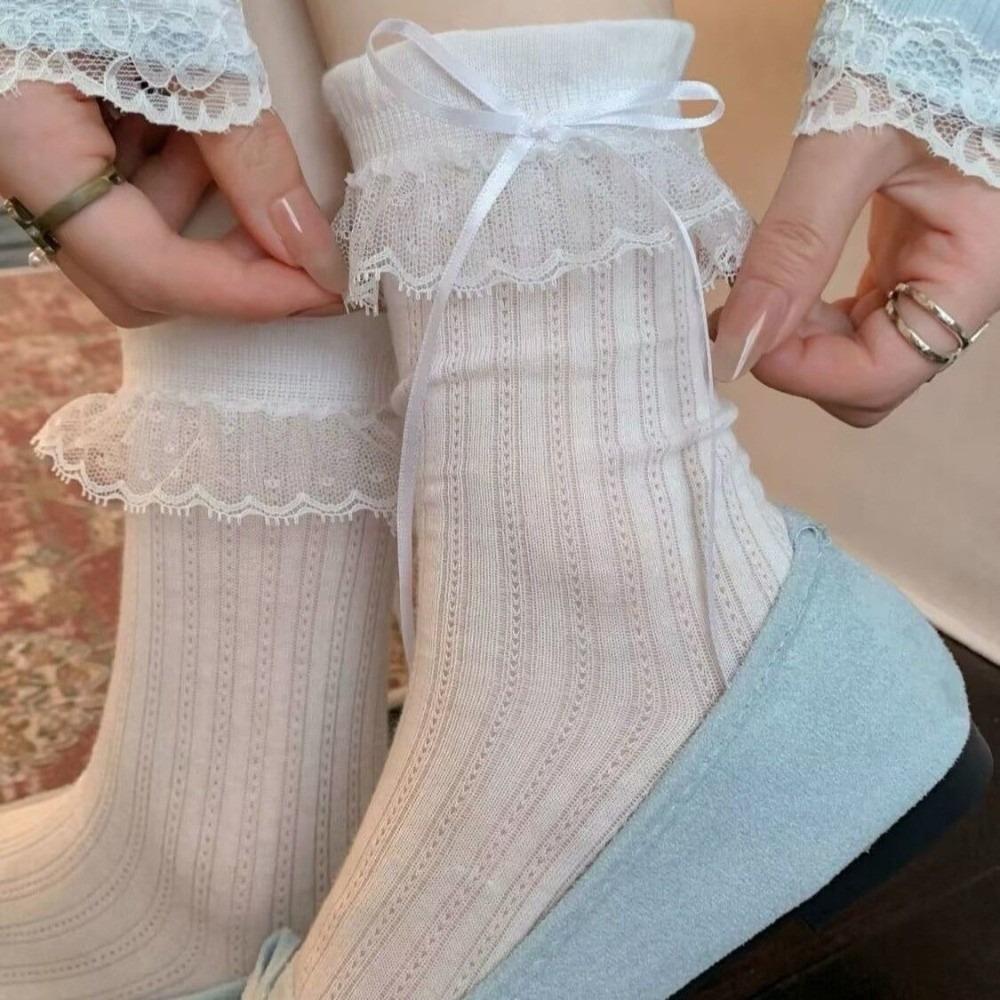 Thin Breathable Bow Ruffle Socks Lace Trim Mid-Calf Socks New Ballet Style Socks Women