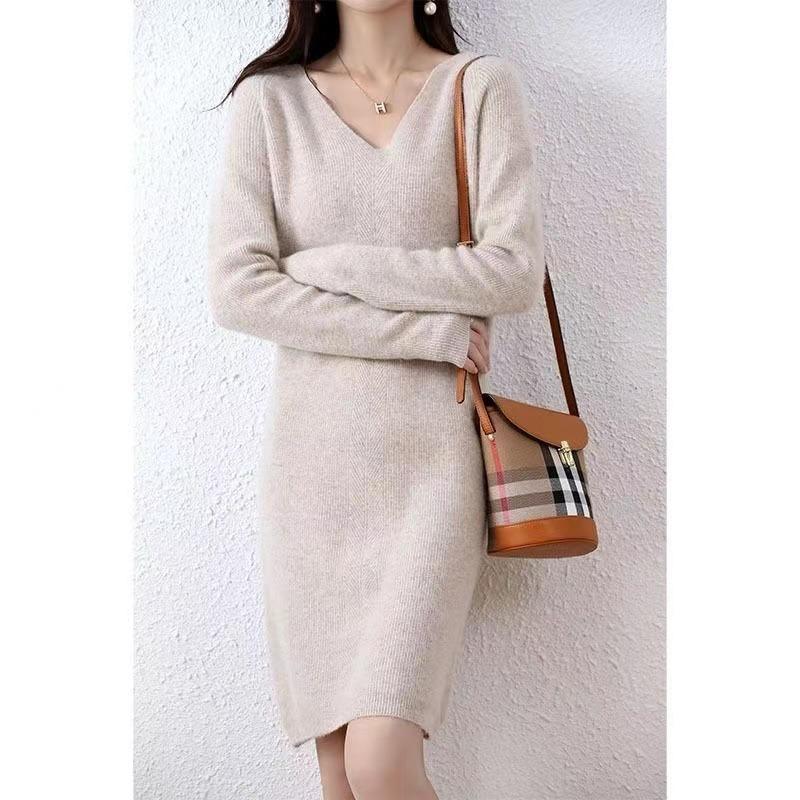 Medium and Long Knitted Sweater Skirt Women's V-neck Straight Thickened Inner Warm and Versatile Bottom Long-sleeved Sweater Dress