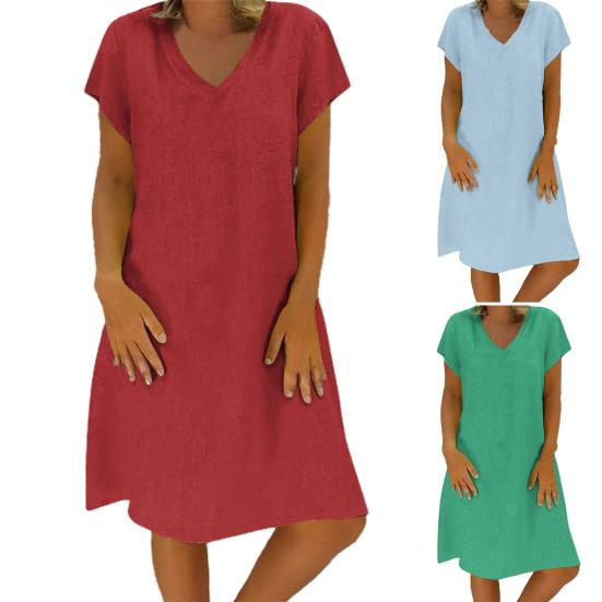 Rochie cu mânecă scurtă cu decolteu în V, cu mânecă scurtă pentru femei, cu potrivire largi, subțire, lungime până la genunchi, lavabilă, culoare solidă, rochie casual, îmbrăcăminte de stradă