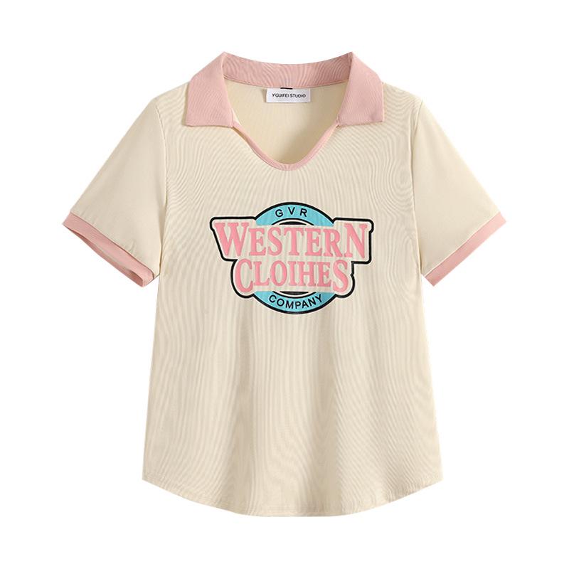 

Plus Size Women s Summer 2025 Polo Collar Letter T-Shirt - Loose Fit, Slimming, Straight Shoulder, Short Sleeve Trend XL (Recommended 105-120 kg)