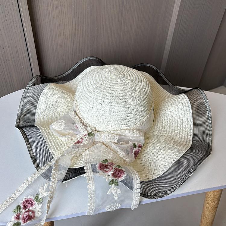 

Wave Edge Straw Hat Women s Summer Vacation Big Edge Sunshade Cool Hat Fashionable and Elegant Streamer Mesh Sunscreen Sun Hat M（56-58cm） молочный белый
