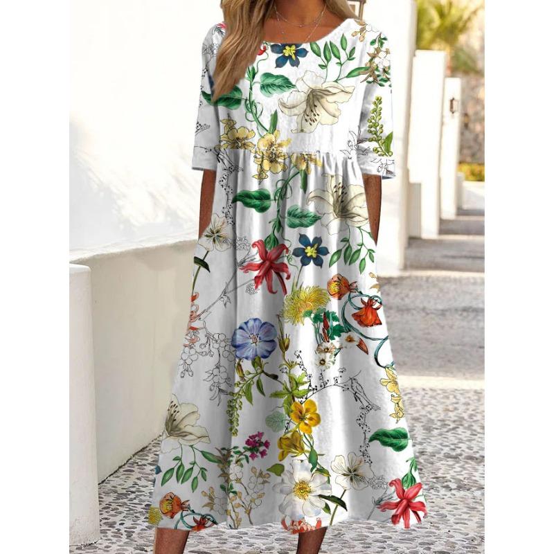 Casual O Neck Pockets Printed Loose Dresses for Women Plus Size Summer New Short Sleeve Women's Dress Fashion Elegant Vintage Floral Long Dress 3364