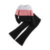Girls' European-American Color Block Ribbed Knit Long Sleeve Top & Flare Pants Set - Autumn/Winter New Arrivals for Big Kids