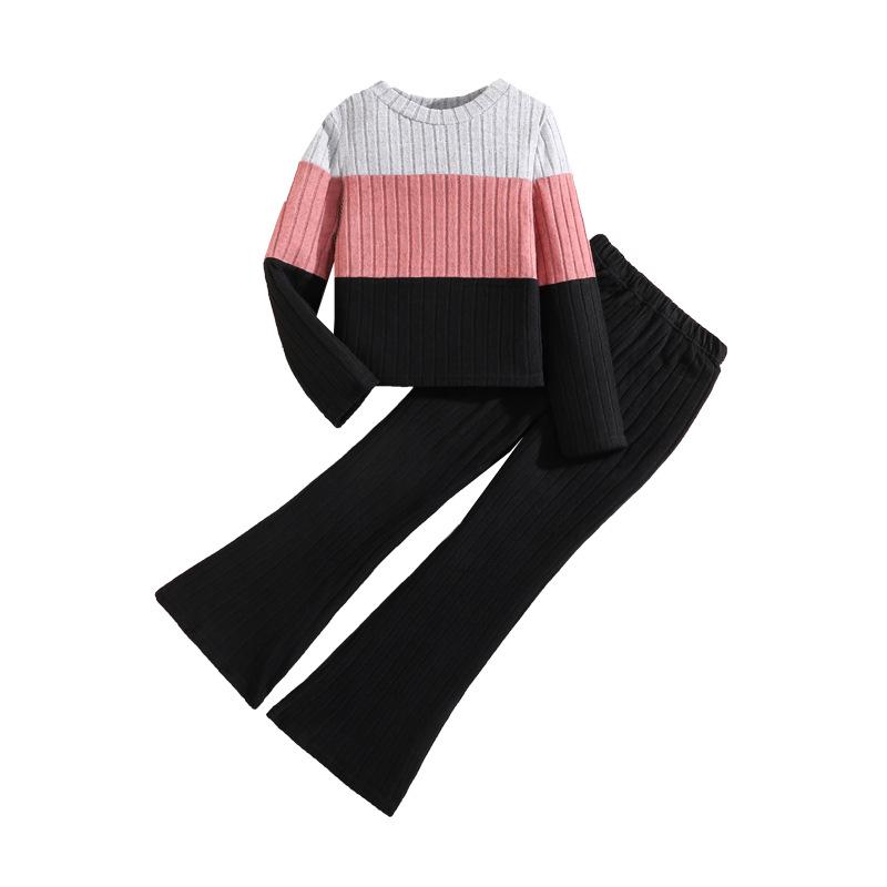 Girls' European-American Color Block Ribbed Knit Long Sleeve Top & Flare Pants Set - Autumn/Winter New Arrivals for Big Kids