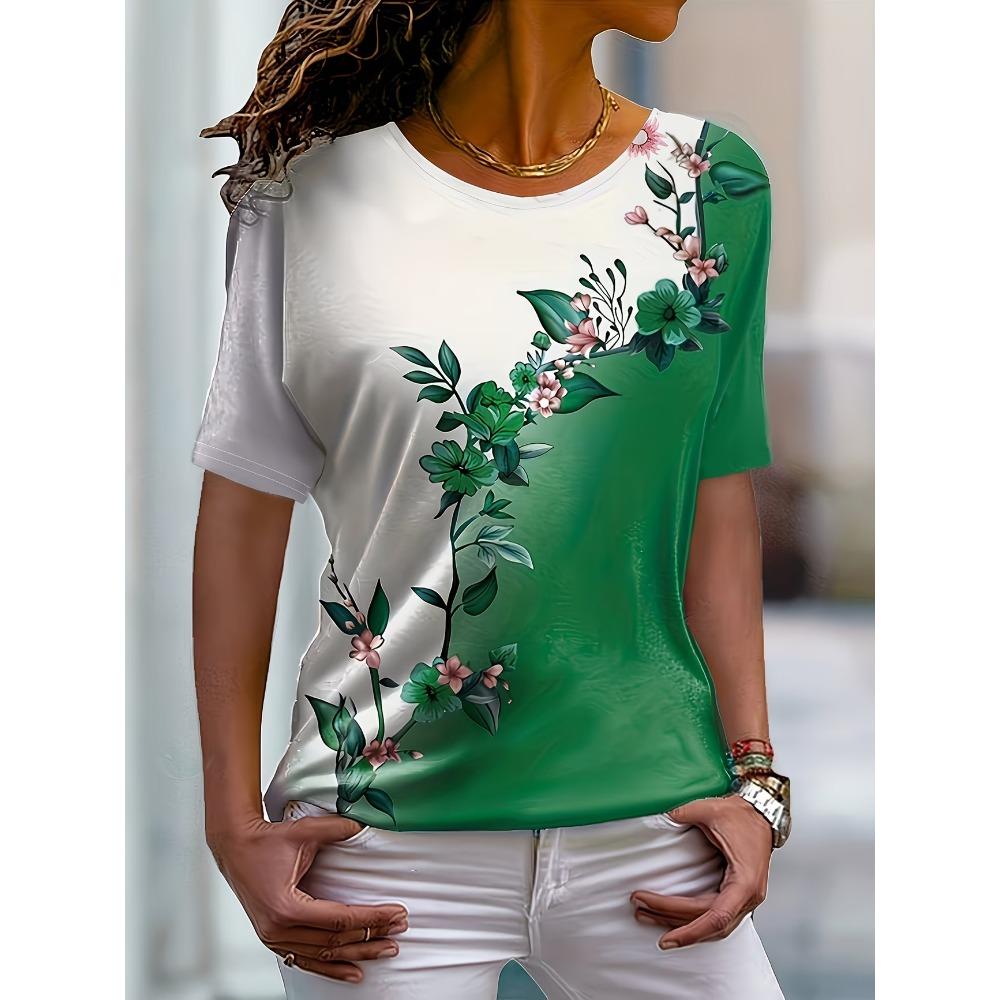 Damen T-Shirts Rundhals Kurzarm Farbverlauf Lila Blütenzweig Druck T-Shirt Damen Outfits Lässige Streetwear Coole Kleidung