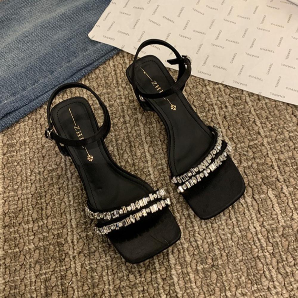 High Heels Sandals Womens Rhinestone Straight Strap Transparent Sandals Women Crystal Heels Chubby Feet Plus Size Women's Shoes