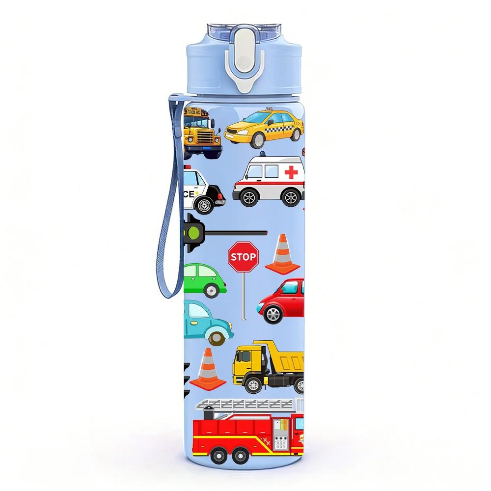 1PC Mini Toy Vehicle Group Cartoon Print 750ml Color Plastic Sports Water Bottle Leakproof Flip Straw Lid Suitable for Sports Office Home Use