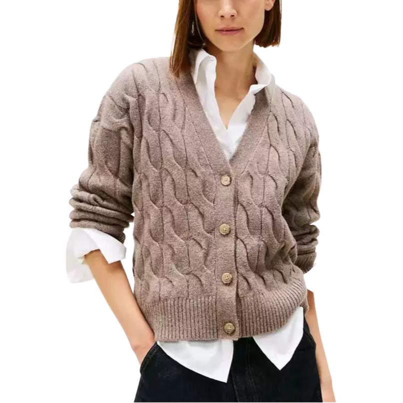 Tommy Hilfiger Classic V-Neck Cable Knit Casual Commuter Fashion Loose Sweater Women sweater Light-Brown XW05955-201/GU4