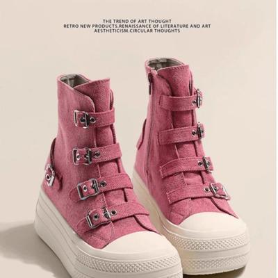 2025 Frühling und Herbst Neue Dicksohlige Kurze Schaft Canvas Stiefel Französisch Lässig Atmungsaktiv Schnalle Mode Damen Einzelne Schuhe