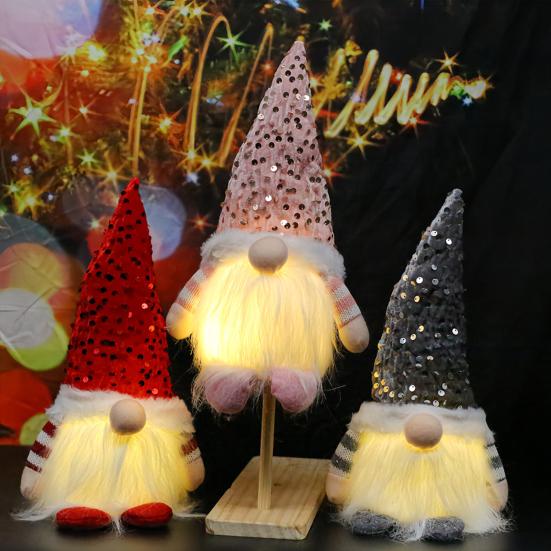 Light-Up Christmas Gnome Decoration Handmade Sequin Hat Faceless Dwarf Doll with Light Glowing Plush Elf Ornament Holiday Party Gift