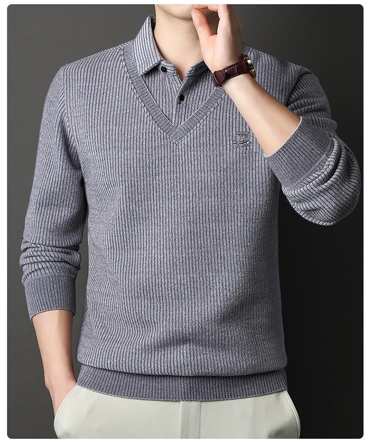 Men's 2025 Winter Knit Sweater with Shirt Collar - Plus Velvet, Thick, Warm, Long Sleeve, Fake Two-Piece Design for Middle-Aged