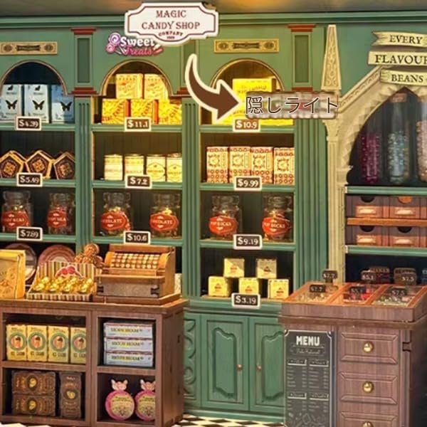 Pixie Curio Book Nook Kit Dollhouse Miniature House 3D Wooden Puzzle Magic Candy Shop LED Touch Switch 180 Degree Swing Door Acrylic Show Window