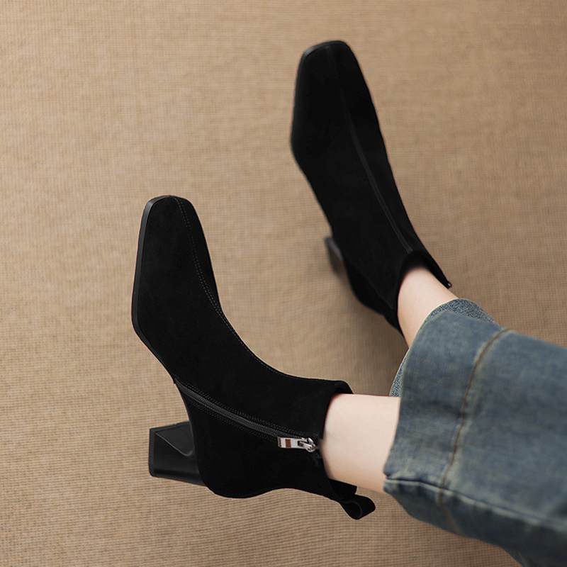 Krazing Pot Cow Suede Nubuck Winter Square Toe Modern Boots Thick High Heels Zipper Women Ankle Boots