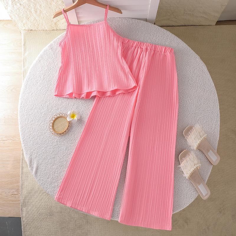 Dívčí módní set 2025 léto dětský jednobarevný ležérní top na ramínka rovné kalhoty set