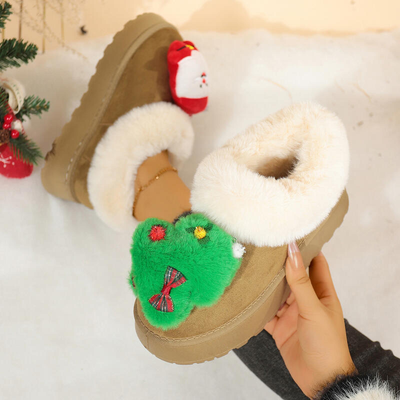 Fashion Cartoon Santa Claus Fluffy Fur Cute Snow Boots Women 2025 Winter Thick Bottom Furry Ankle Boots Girl's Christmas Plush Shoes
