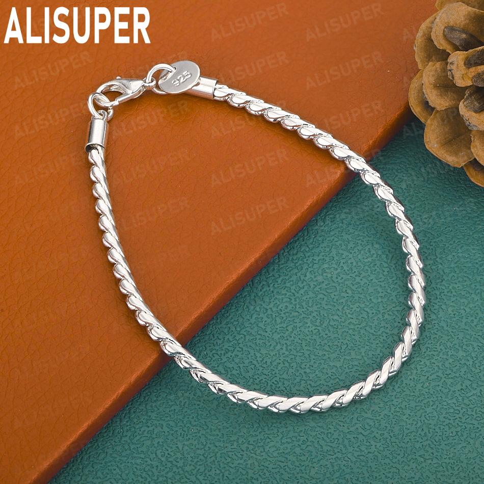 925 Sterling Silver 4mm Twisted Rope Side Chain Simple Bracelet Gift Jewelry 20CM