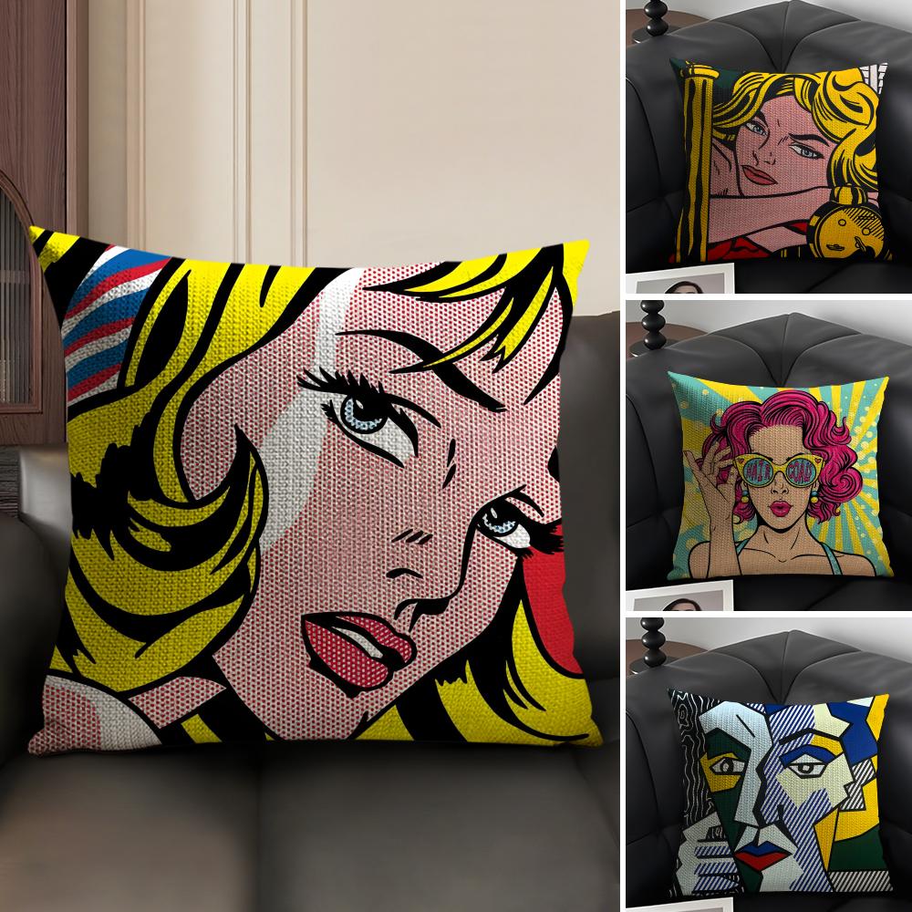 R-Roy L-Lichtenstein Pop Cushion Cover Natural Linen Organic Fabric Double-Sided Printing Sofa Home Decor Gift Pillow Case