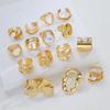 15Pcs Gold Color Bow Pearl Ring Set For Women Irregular Lava Texture Chunky Bow Knot Pearl Inlaid Finger Ring Trendy Jewelry New