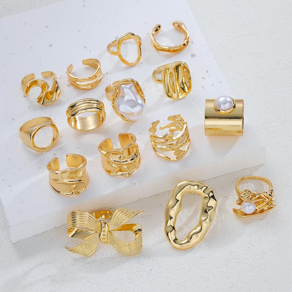 15Pcs Gold Color Bow Pearl Ring Set For Women Irregular Lava Texture Chunky Bow Knot Pearl Inlaid Finger Ring Trendy Jewelry New