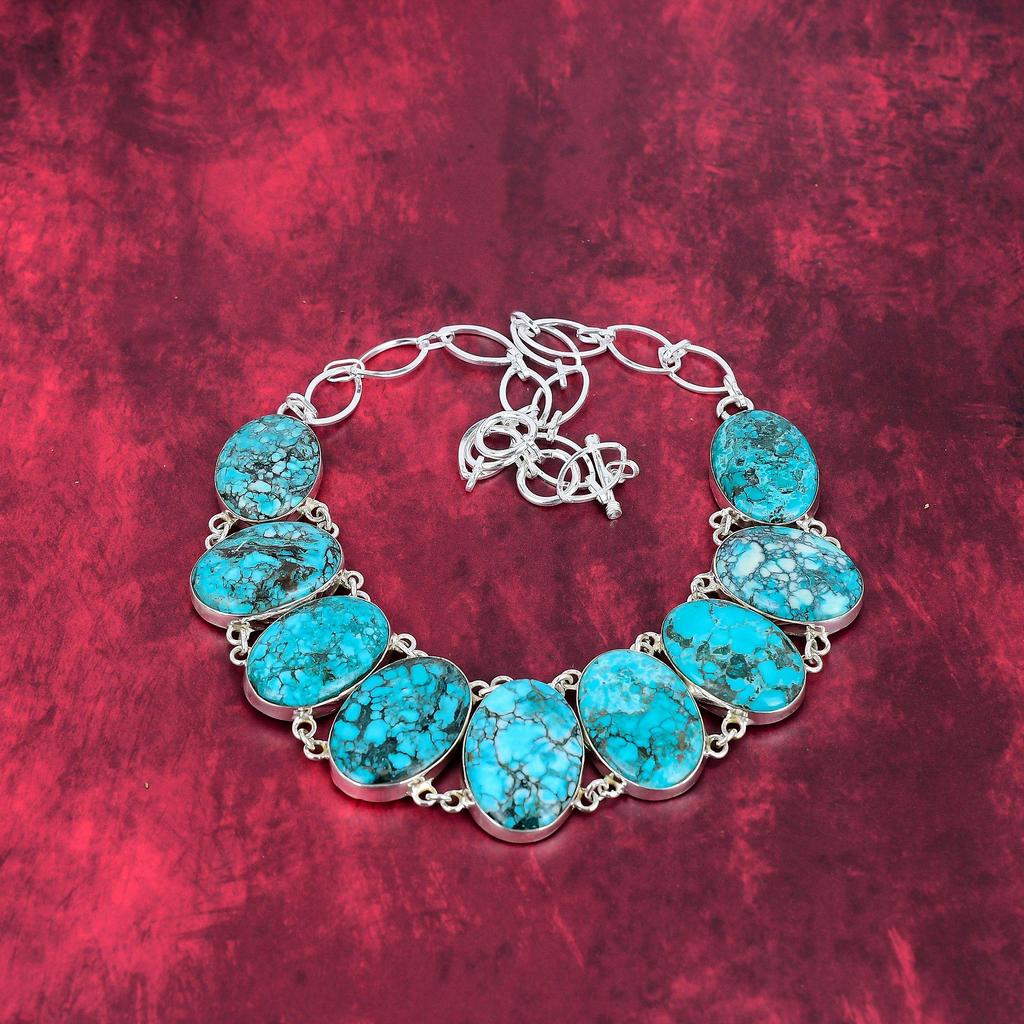 Blue Turquoise Handmade Gemstone Necklace, 925 Solid Sterling Silver Antique Jewelry Necklace, For Engagement Gift