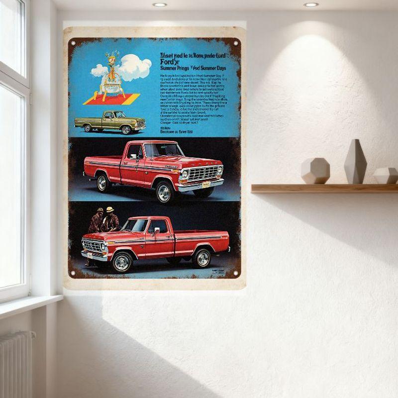 Vintage 1976 Ford Summer Days Tin Sign Retro Distressed Metal Sign with Ford Trucks & Trophy Design for Garage Bar Home Wall Dec