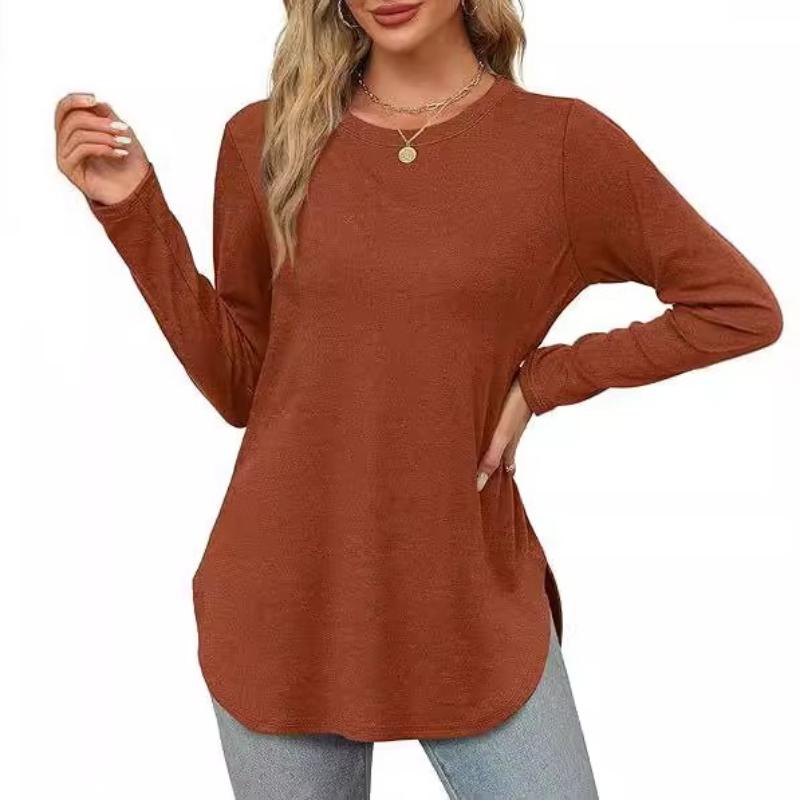 Long Sleeves Women's Solid Color Long Sleeve Top Crew Neck Loose Casual Bottom Shirt