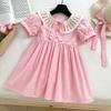 Summer Girls Solid Lace Short Sleeve Princess Dress Kids Sweet Party Gown Casual Children Clothing