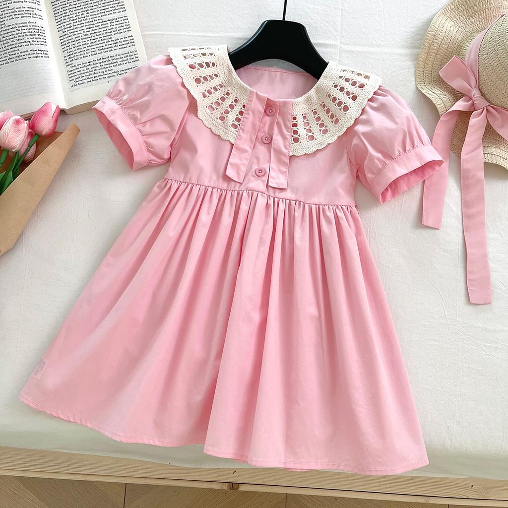 Summer Girls Solid Lace Short Sleeve Princess Dress Kids Sweet Party Gown Casual Children Clothing