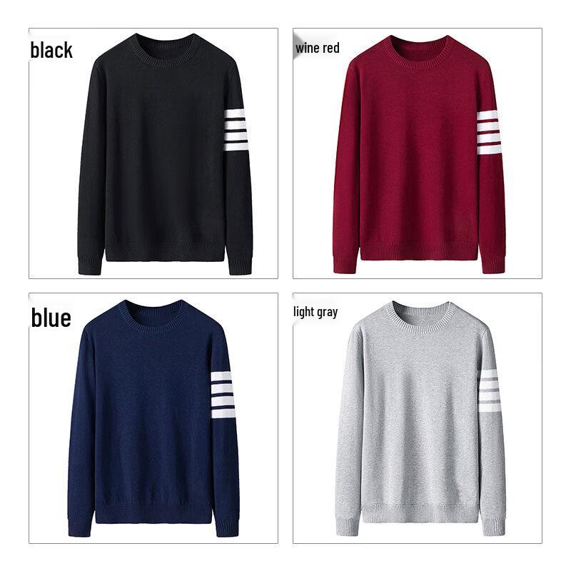 ROMON Men's Striped Round Neck Pullover Cotton Knit Sweater