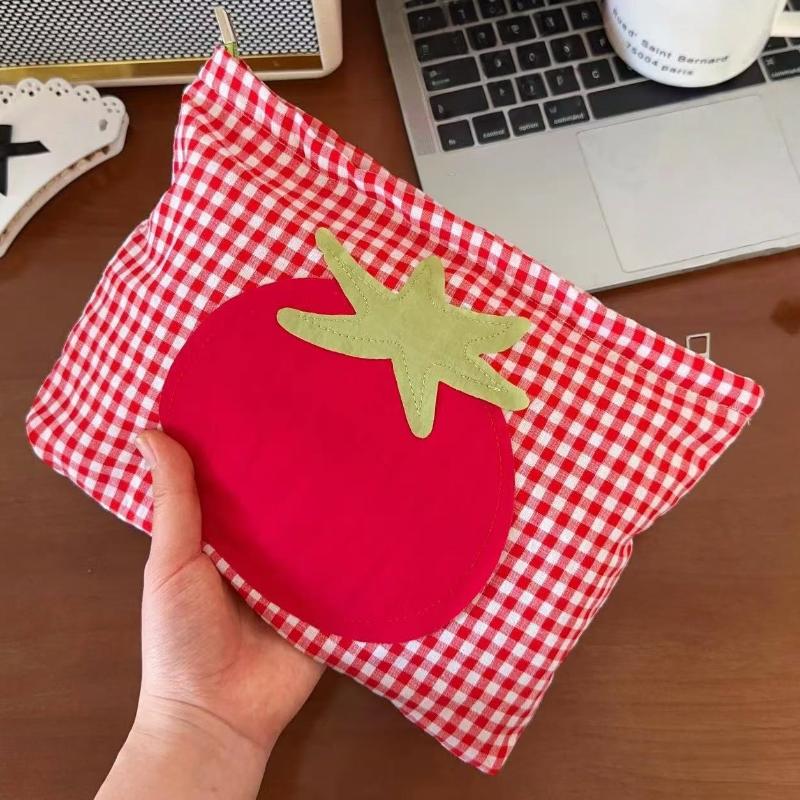 1Pcs Portable Handheld Toiletry Pouch Cute Large Capacity Red Grid Tomato Makeup Bag Minimalist Versatile Cosmetic Organizer